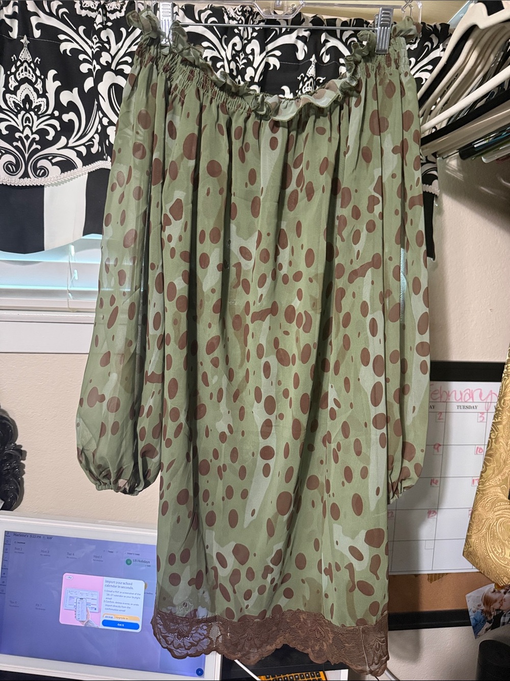 Olive Green Polka Dot Off-Shoulder Skirt with Lace Trim
